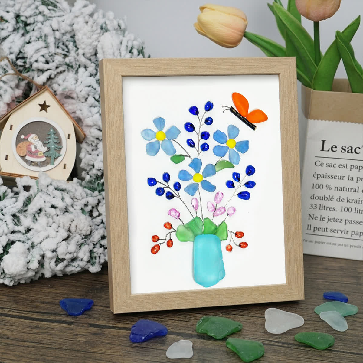 A Whimsical Bouquet With Butterfly Sea Glass Framed Art - Oak - 8" X 6" - image 6