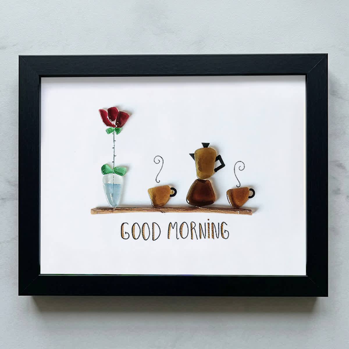 Good Morning Coffee Pot And Mugs Sea Glass Framed Art - Black - 6" X 8" - image 18