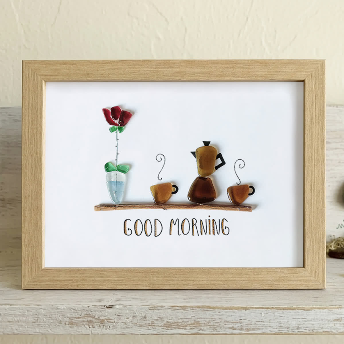 Good Morning Coffee Pot And Mugs Sea Glass Framed Art - Oak - 6" X 8" - image 16