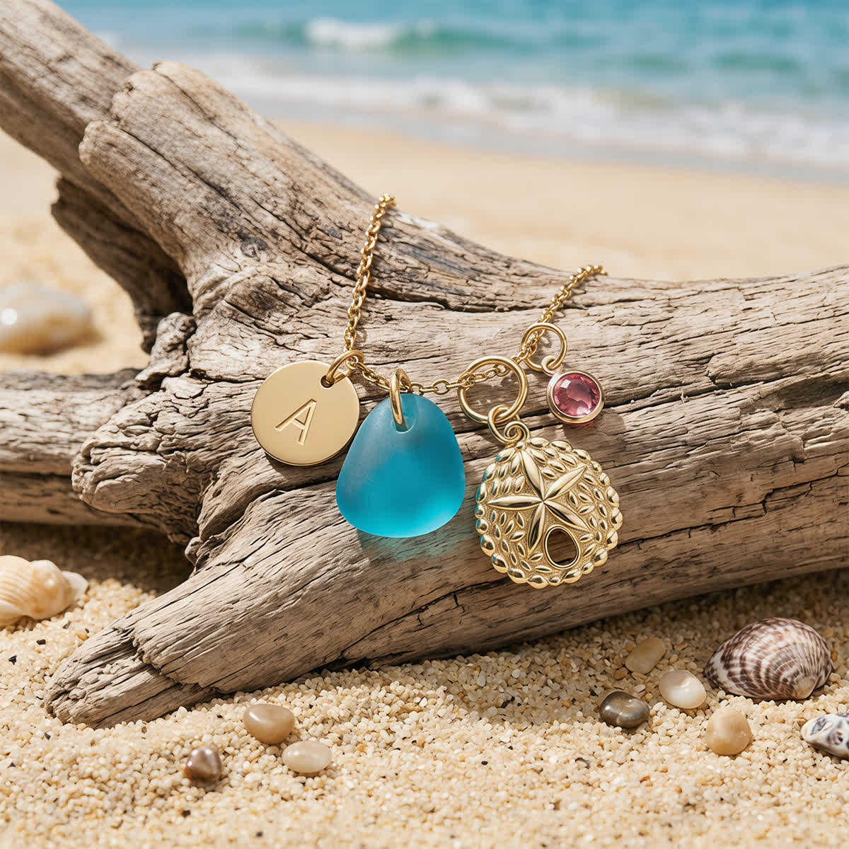 Birthstone Accent Initial Charm Sea Glass Necklace - Aqua - Silver - Z - image 0