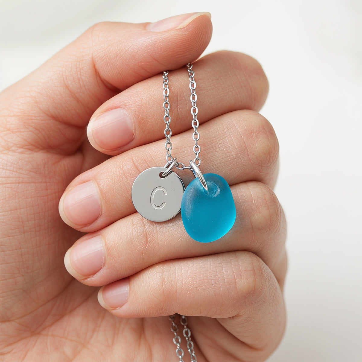 Beach-Inspired Silver Initial Charm Sea Glass Necklace - image 3