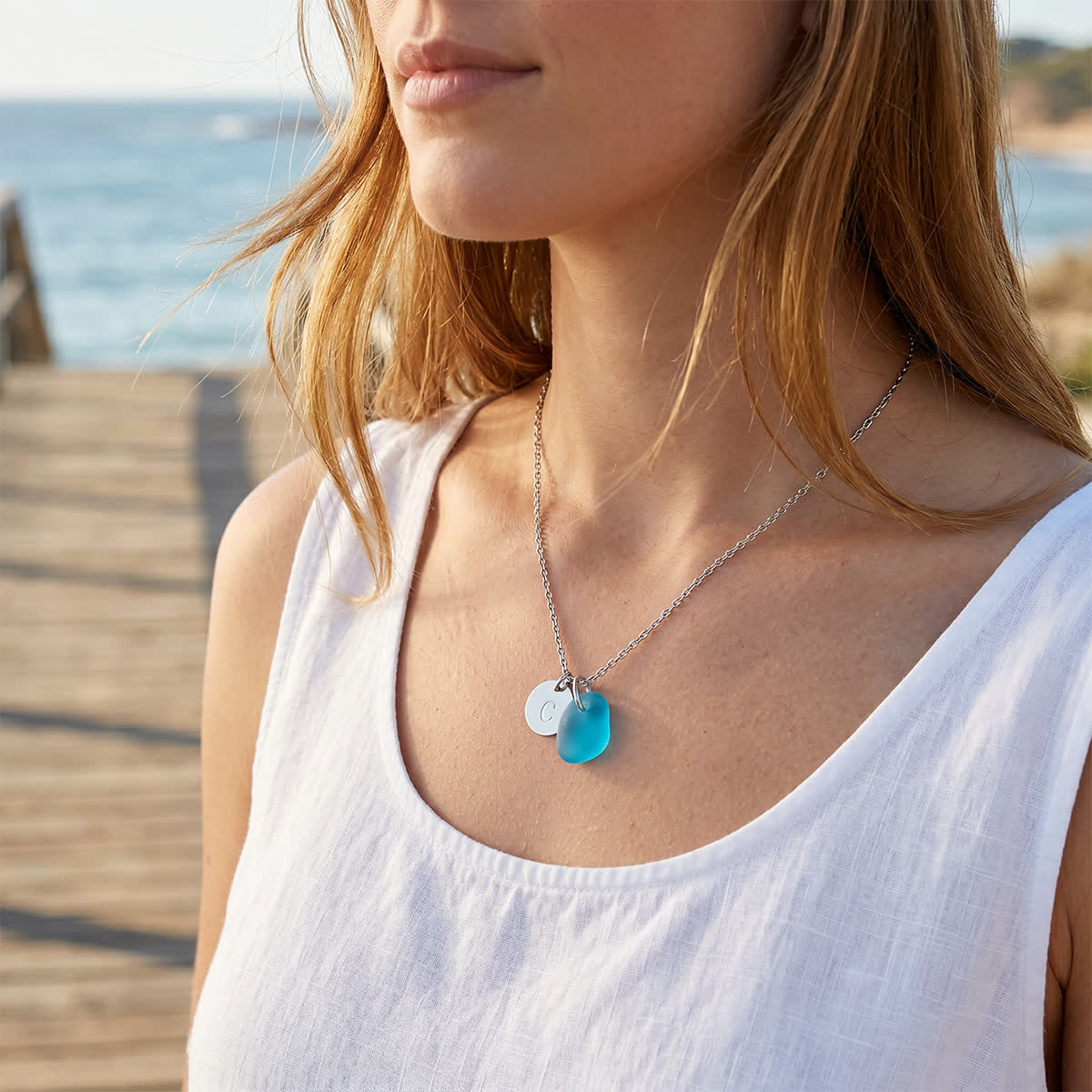 Beach-Inspired Silver Initial Charm Sea Glass Necklace - image 5