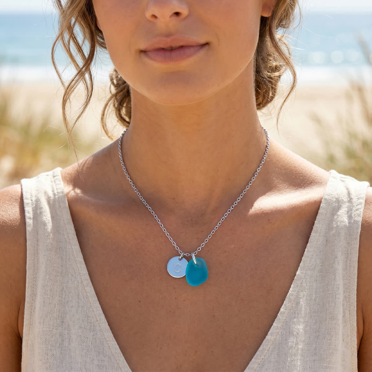 Beach-Inspired Silver Initial Charm Sea Glass Necklace - image 1