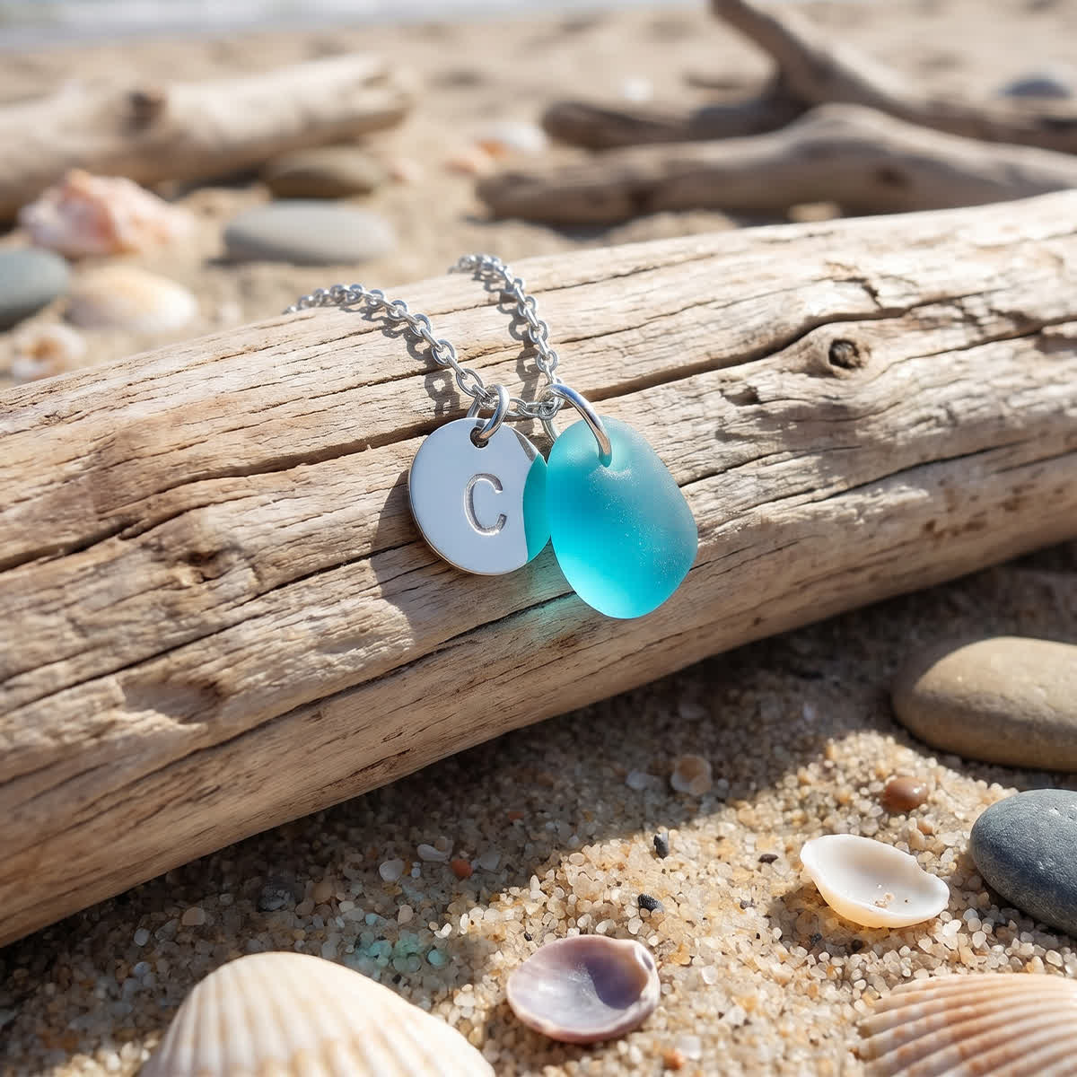 Beach-Inspired Silver Initial Charm Sea Glass Necklace - image 4
