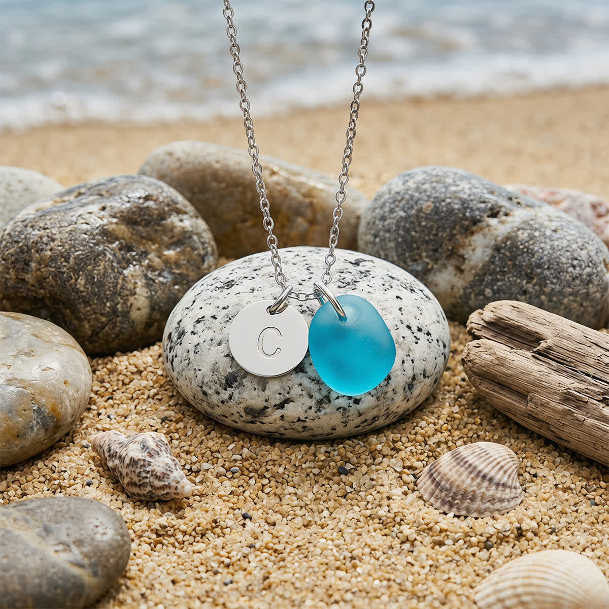 Beach-Inspired Silver Initial Charm Sea Glass Necklace - Aqua - Gold - Z - image 0