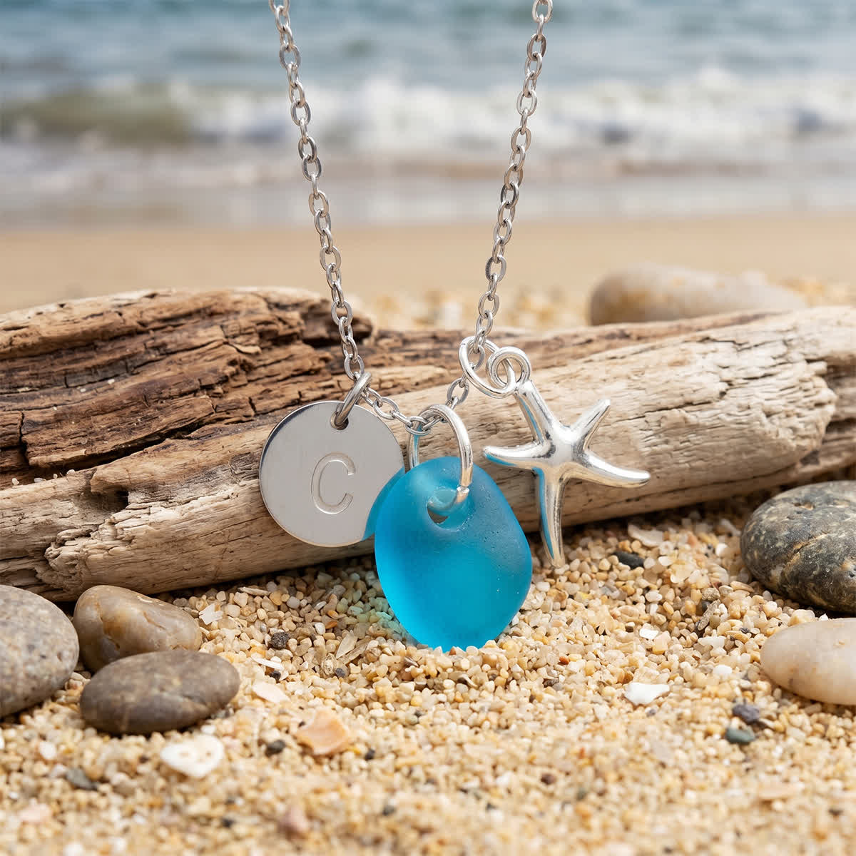 Soul Sister Starfish & Initial Charm Sea Glass Necklace - Aqua - Gold - Z - image 0