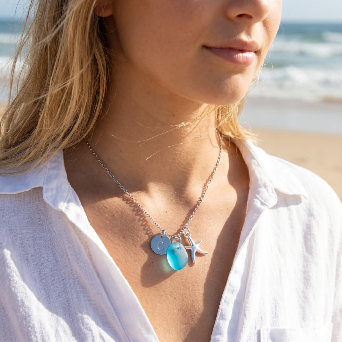 Soul Sister Starfish & Initial Charm Sea Glass Necklace - image 1