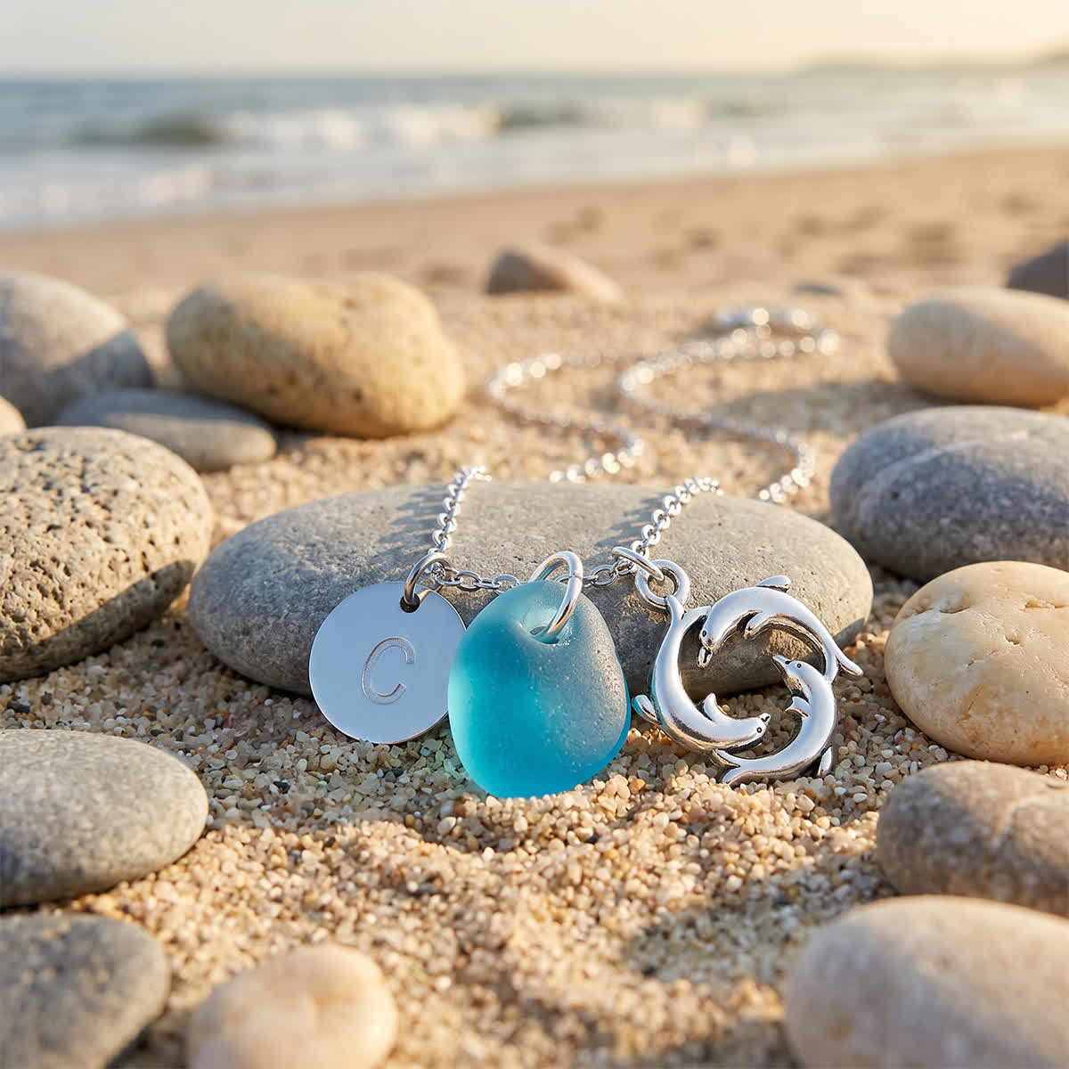 Seaside Bond Dolphin & Initial Charm Sea Glass Necklace - Aqua - Gold - Z - image 0