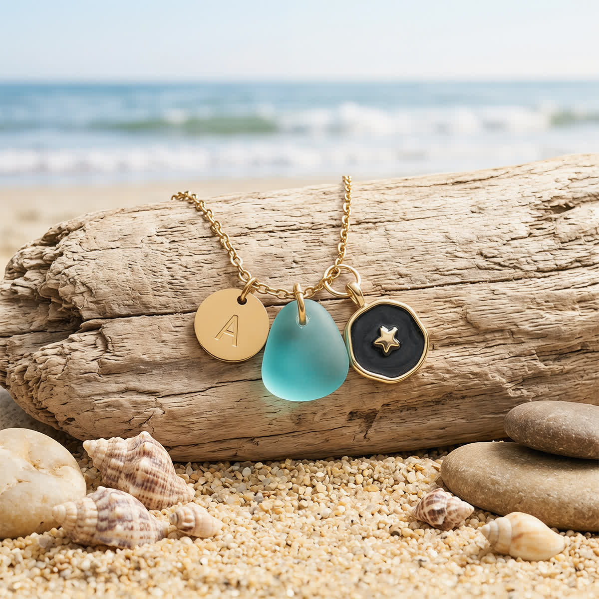 Coastal Starlight Initial Charm Sea Glass Necklace - Aqua - Gold - Z - image 0