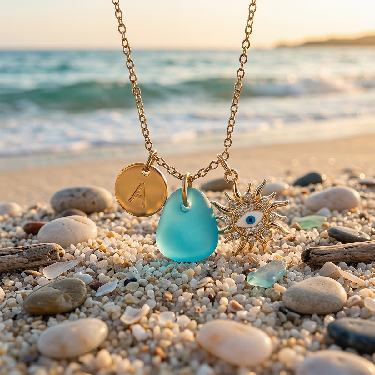 Sun Evil Eye & Initial Charm Sea Glass Necklace - Aqua - Silver - Z - image 0