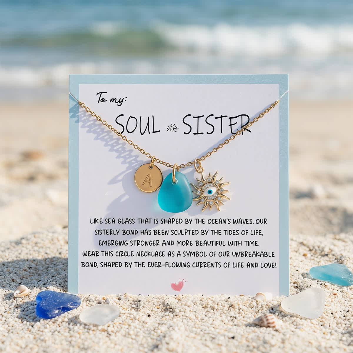 Sun Evil Eye & Initial Charm Sea Glass Necklace - image 6