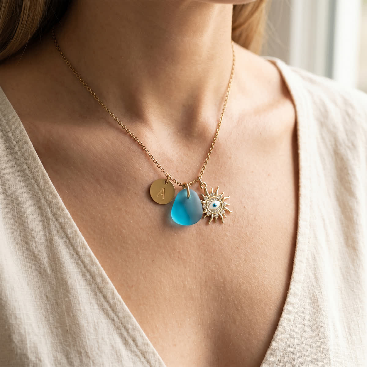 Sun Evil Eye & Initial Charm Sea Glass Necklace - image 4
