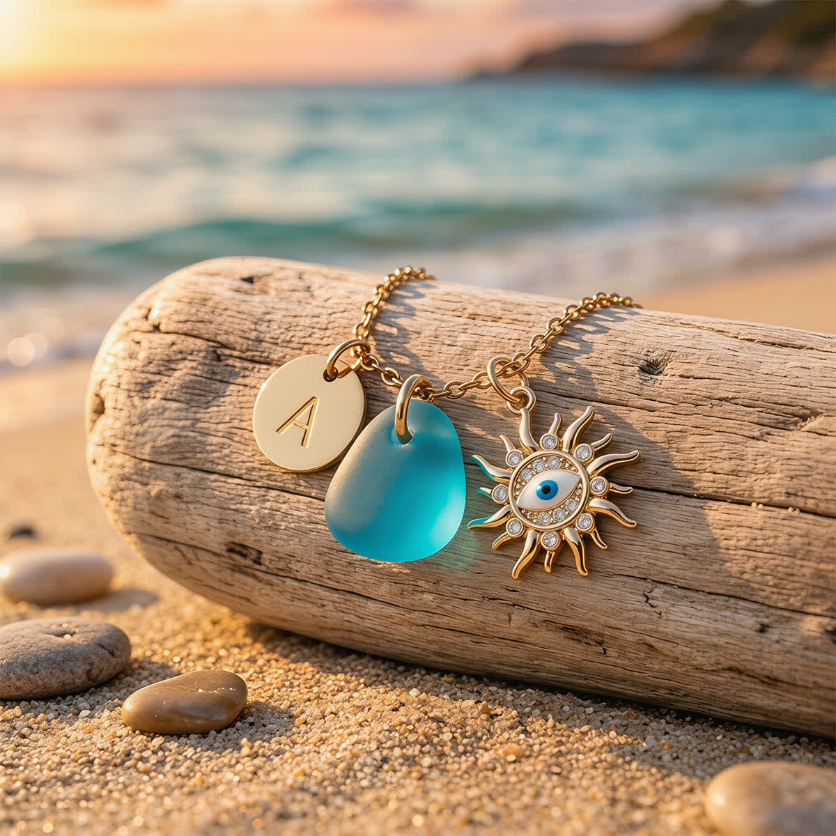 Sun Evil Eye & Initial Charm Sea Glass Necklace - image 3