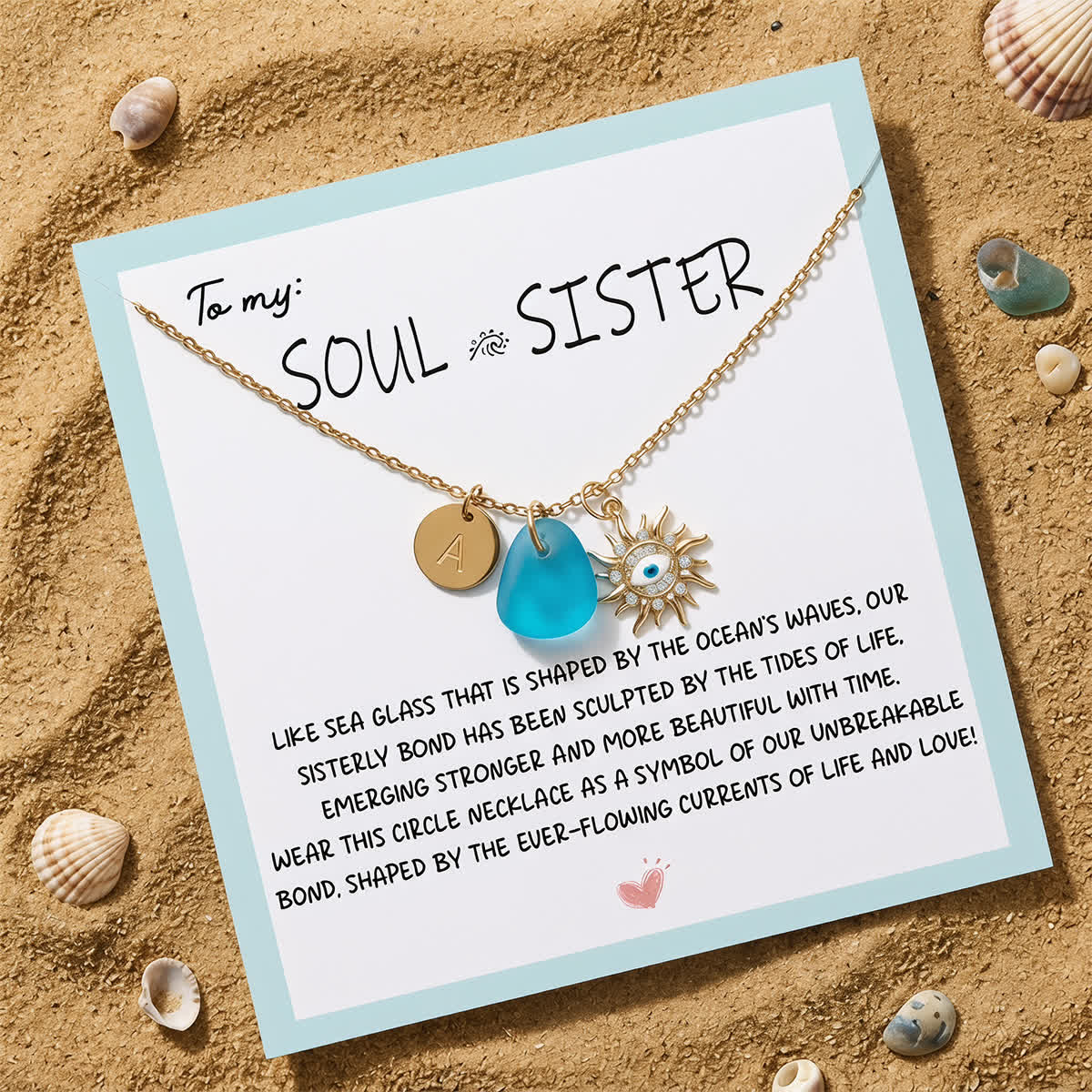 Sun Evil Eye & Initial Charm Sea Glass Necklace - image 2