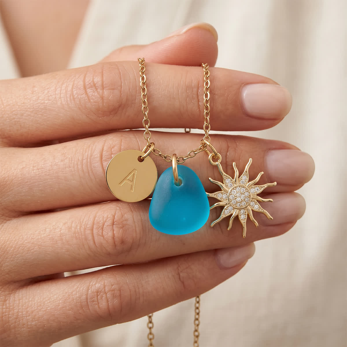Sparkling Sun Accent Initial Sea Glass Necklace - image 3