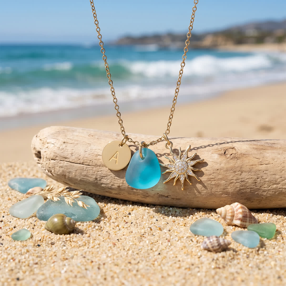 Sparkling Sun Accent Initial Sea Glass Necklace - image 5