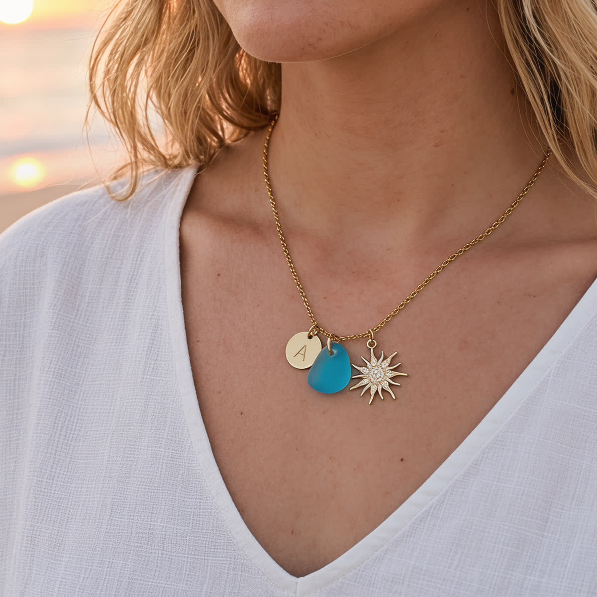 Sparkling Sun Accent Initial Sea Glass Necklace - image 1