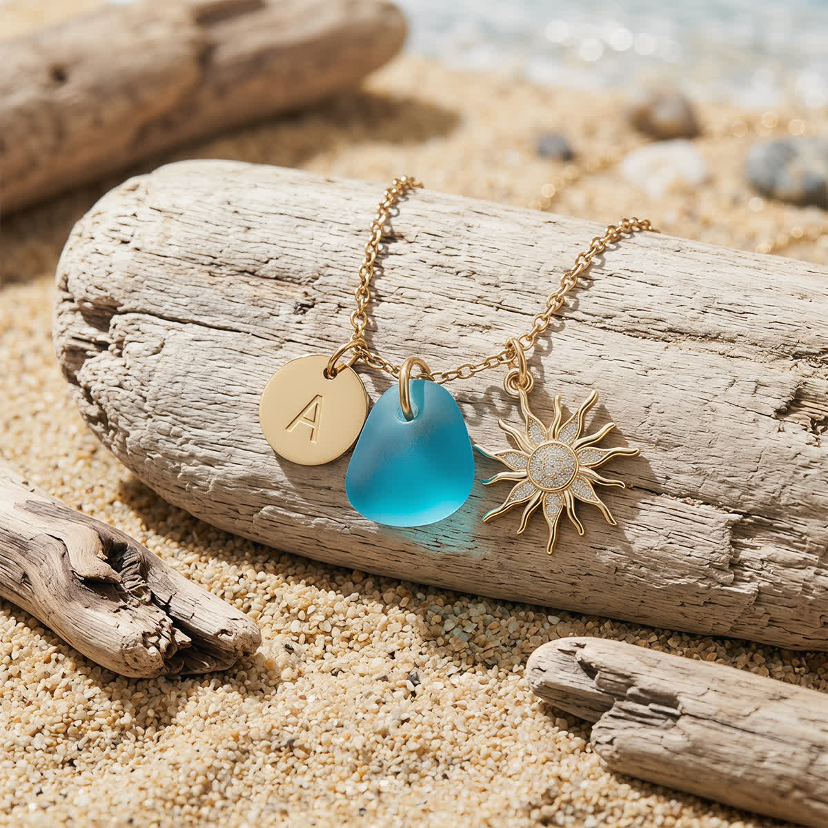 Sparkling Sun Accent Initial Sea Glass Necklace - Aqua - Silver - Z - image 0