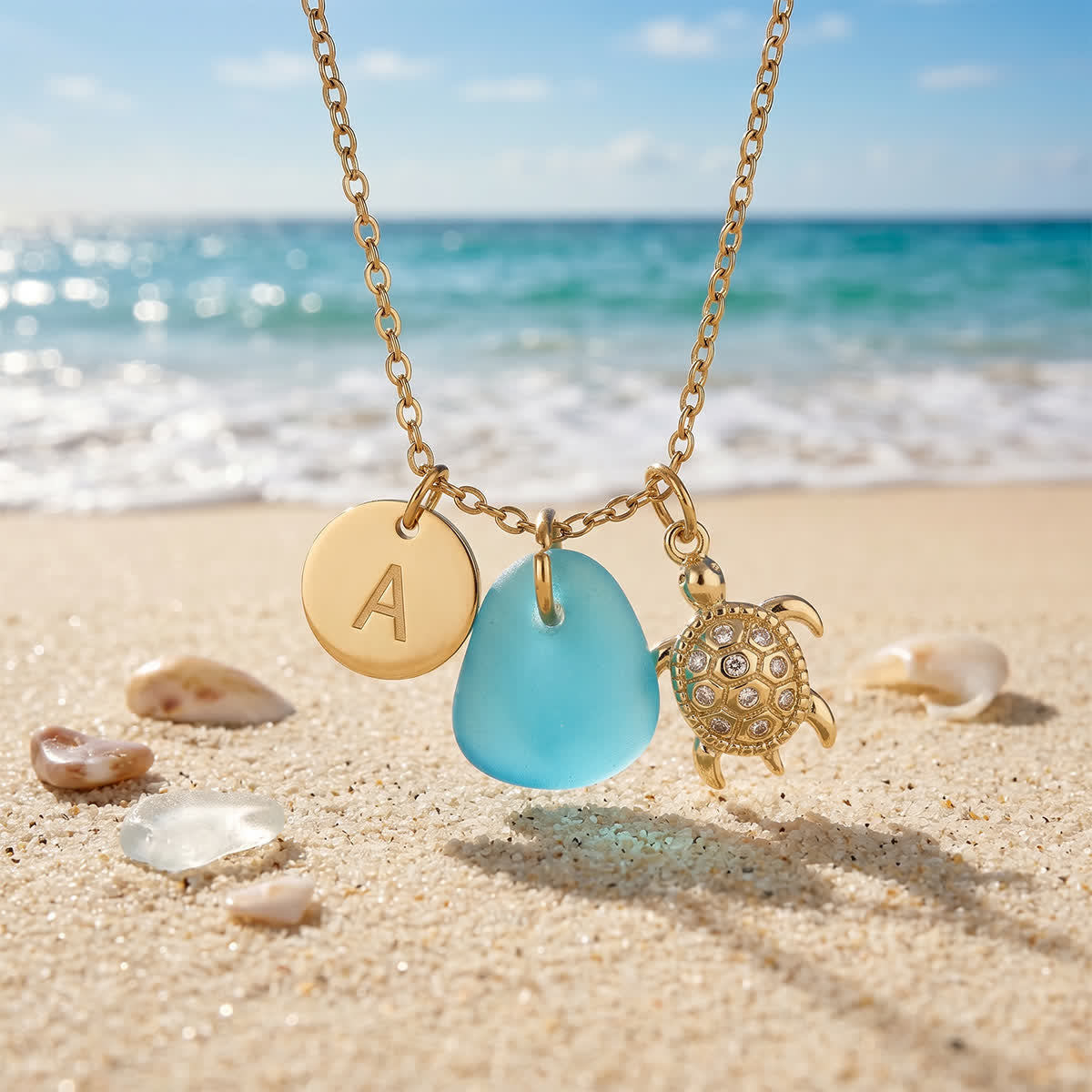 Crystal Turtle Pendant Initial Sea Glass Necklace - Aqua - Silver - Z - image 0