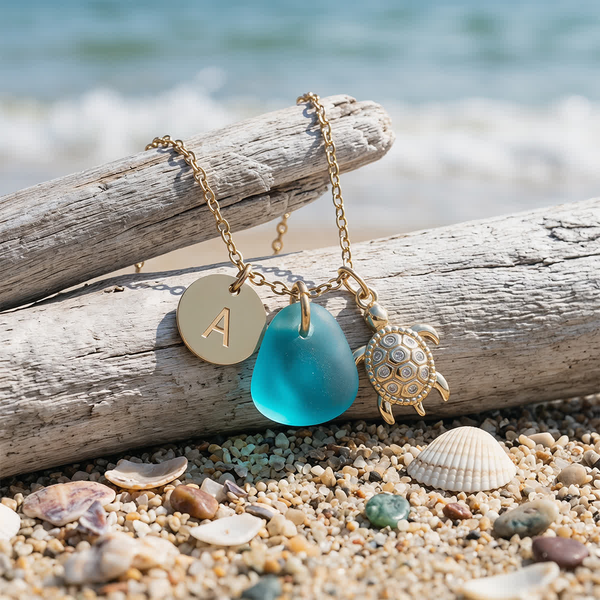 Crystal Turtle Pendant Initial Sea Glass Necklace - image 3
