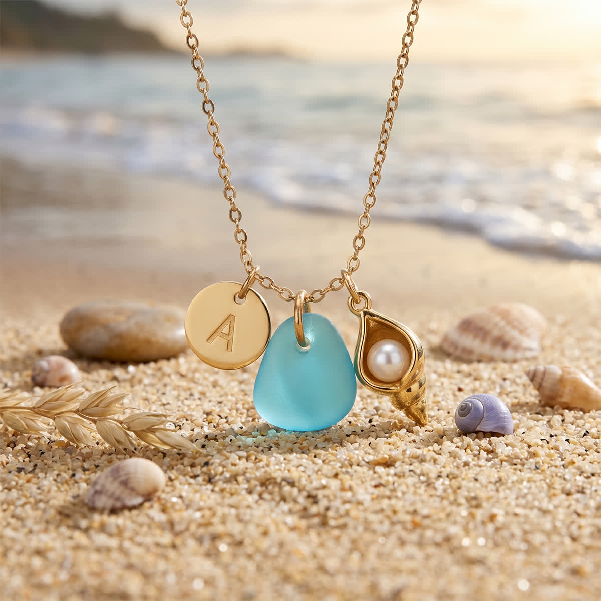 Ocean Treasure Pearl Shell Initial Charm Sea Glass Necklace - Aqua - Silver - Z - image 0