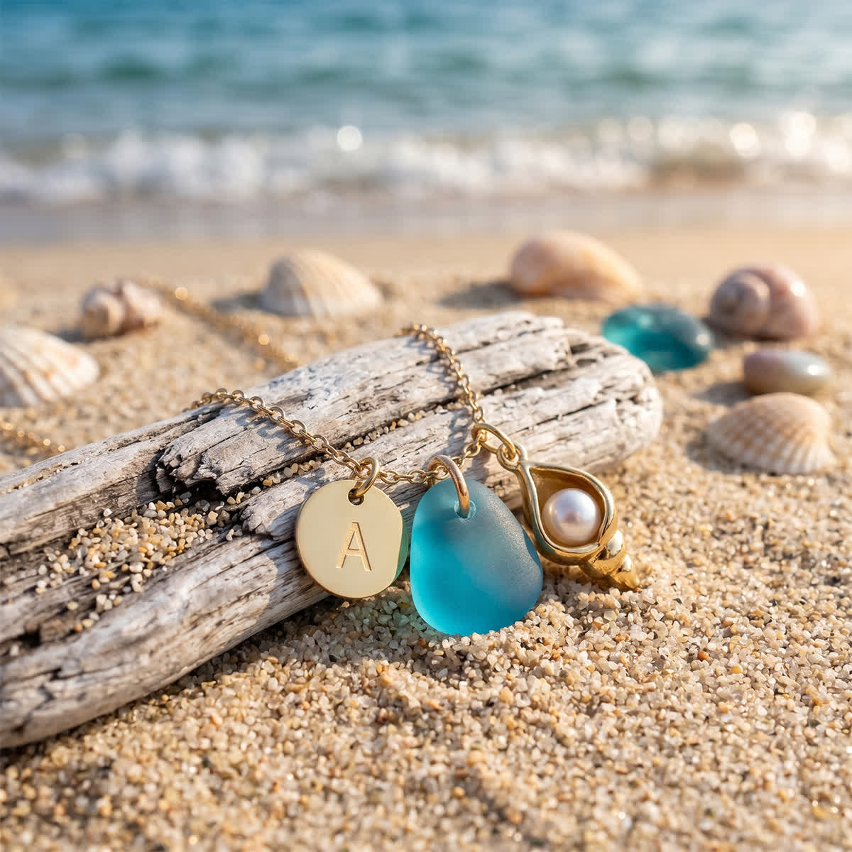 Ocean Treasure Pearl Shell Initial Charm Sea Glass Necklace - image 3