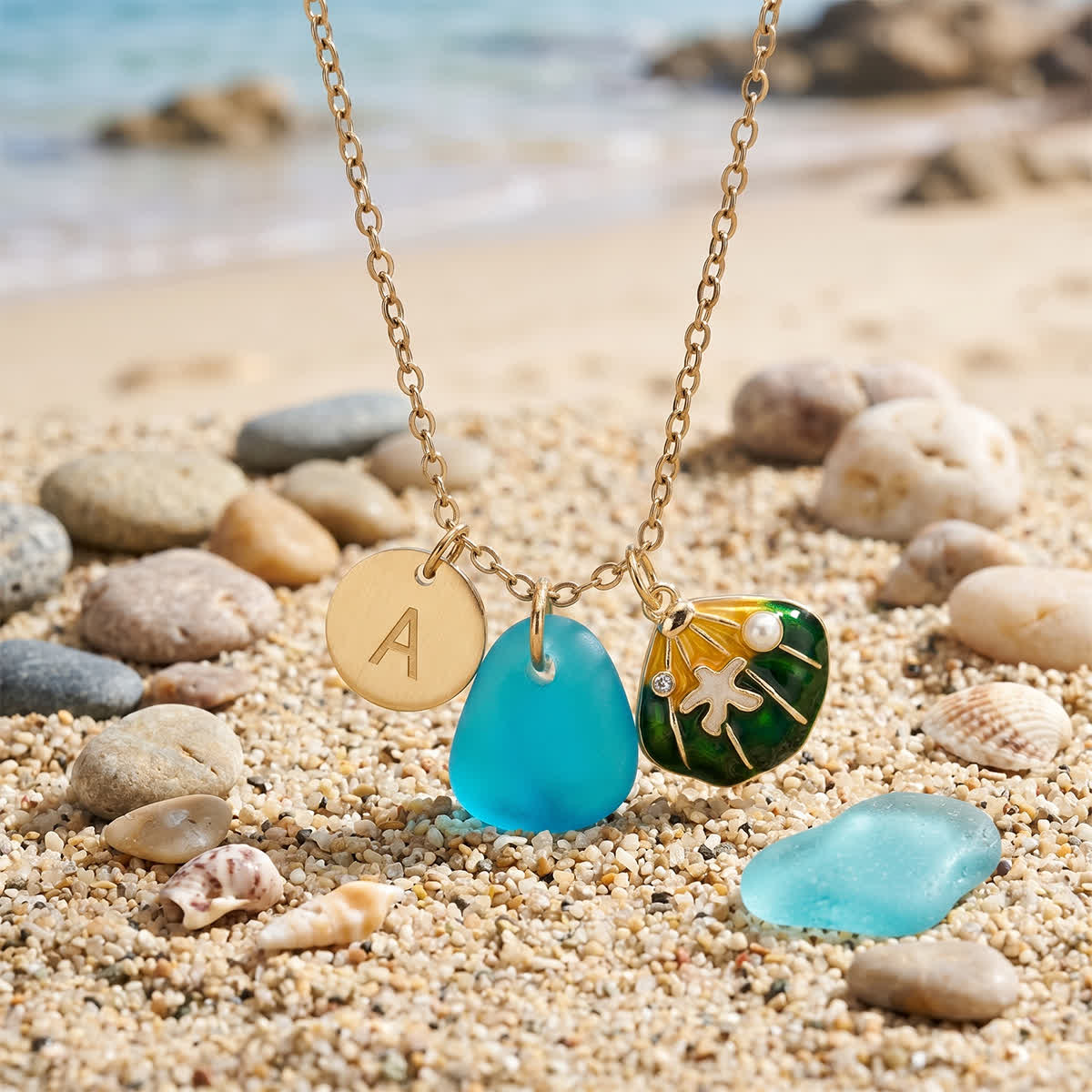 Enamel Shell & Initial Letter Charm Sea Glass Necklace - Aqua - Silver - Z - image 0