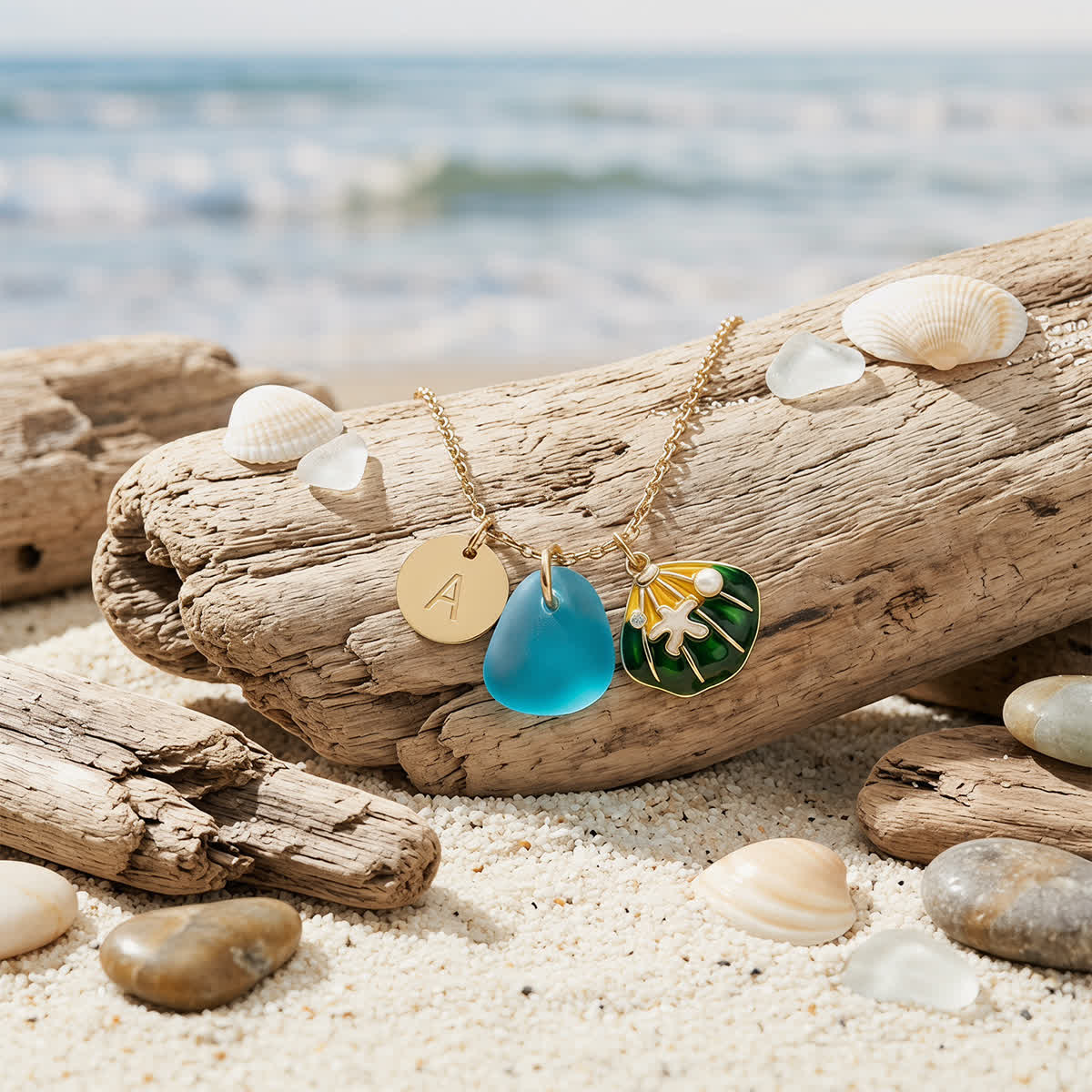 Enamel Shell & Initial Letter Charm Sea Glass Necklace - image 3