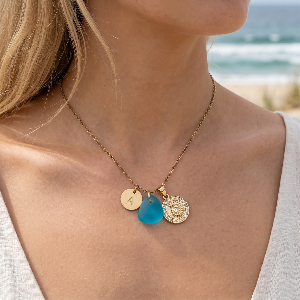 Conch Medallion Initial Charm Sea Glass Necklace - image 1