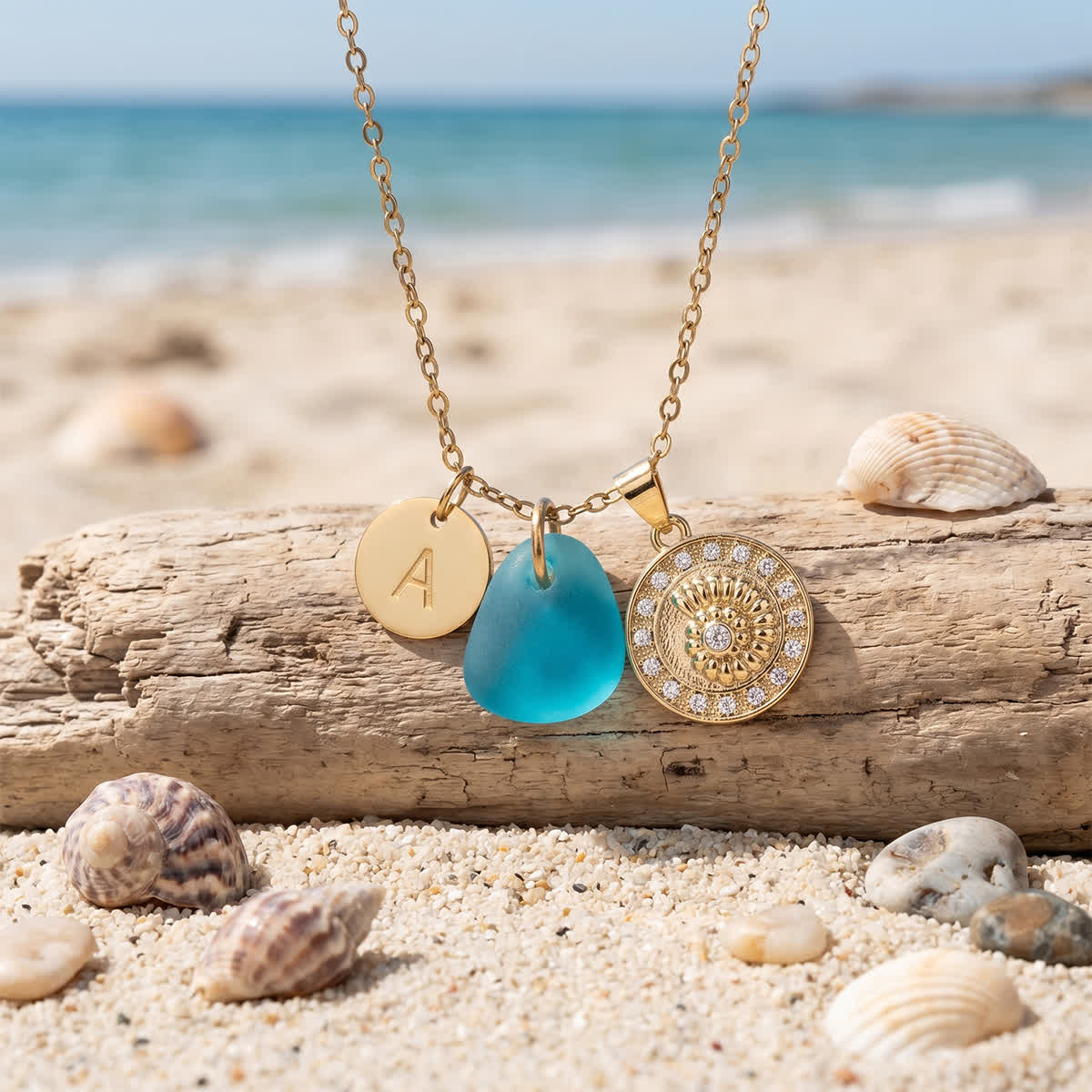Conch Medallion Initial Charm Sea Glass Necklace - Aqua - Silver - Z - image 0