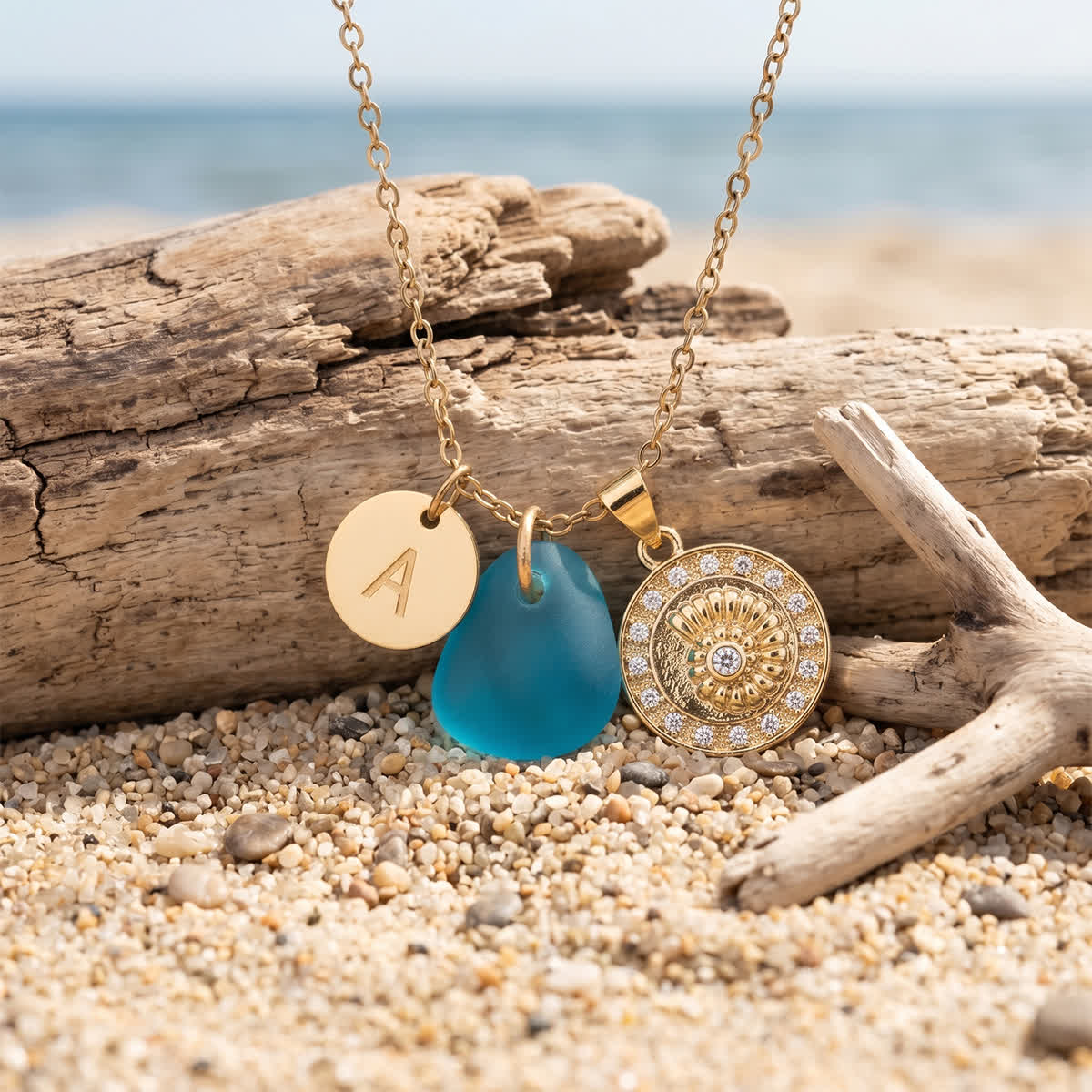 Conch Medallion Initial Charm Sea Glass Necklace - image 3