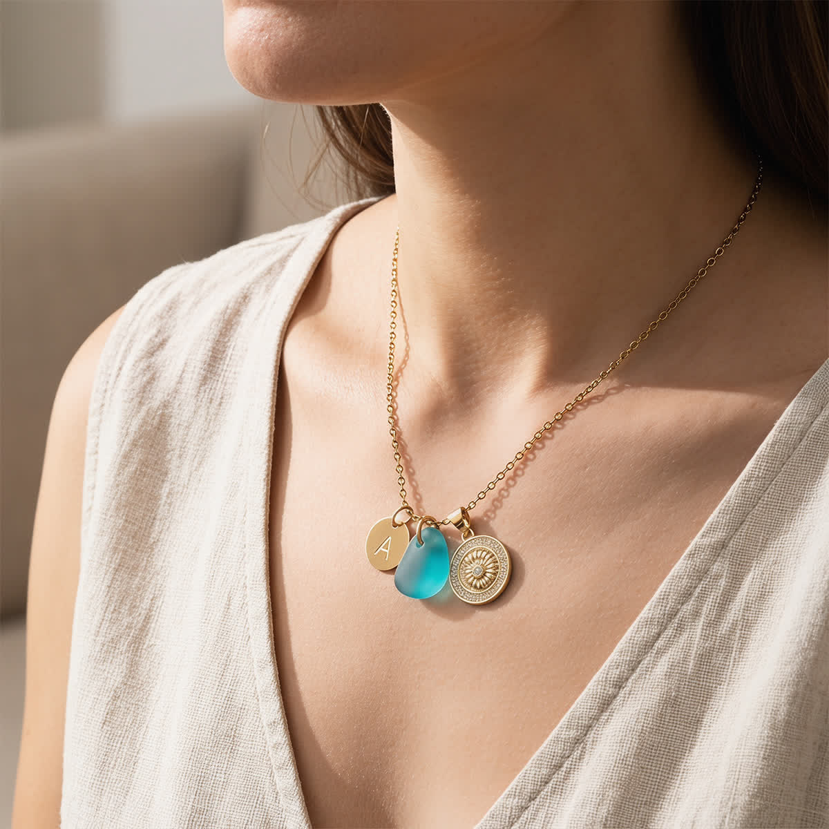 Conch Medallion Initial Charm Sea Glass Necklace - image 4