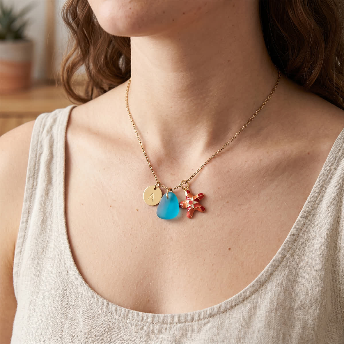 Red Enamel Starfish Initial Charm Sea Glass Necklace - image 1