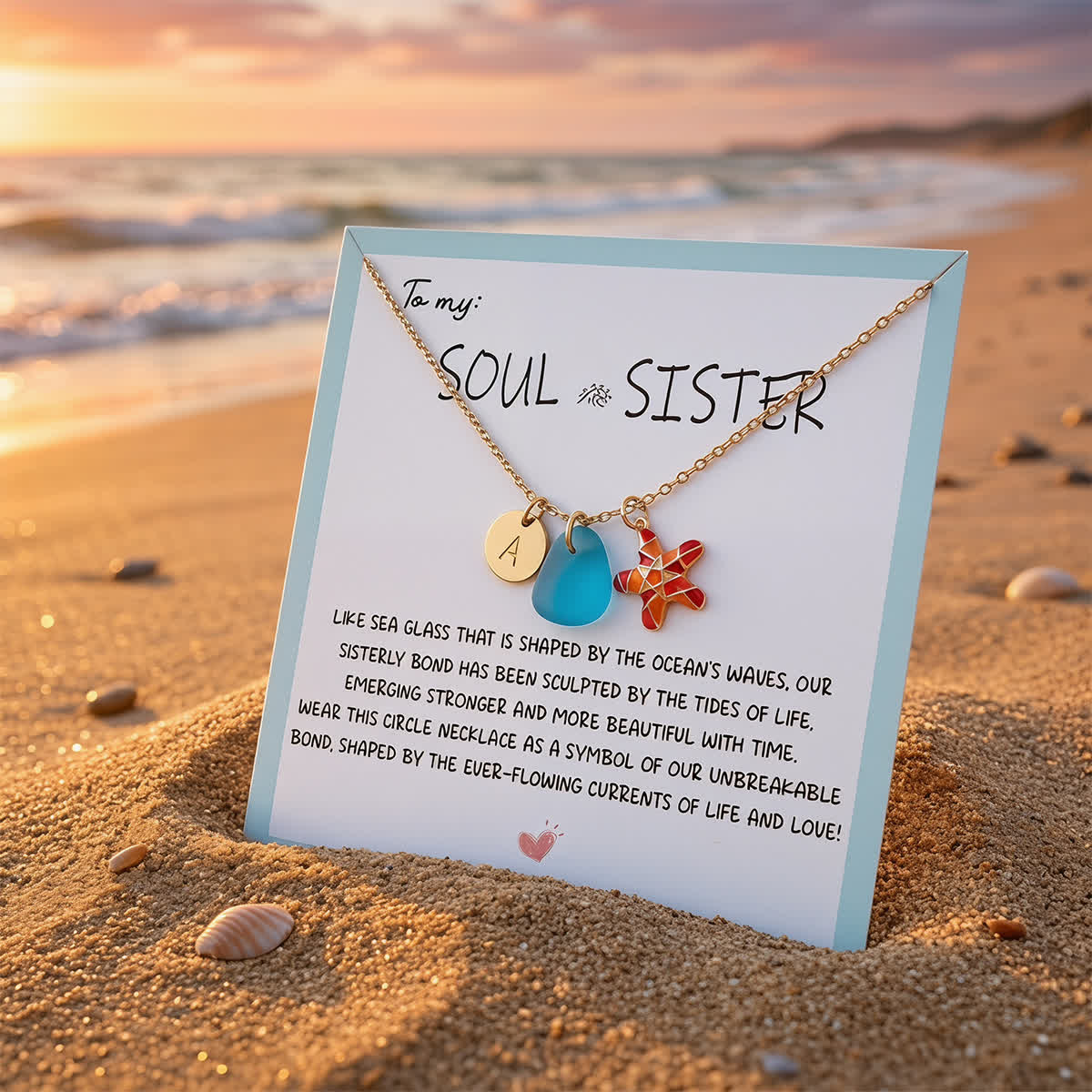 Red Enamel Starfish Initial Charm Sea Glass Necklace - image 6