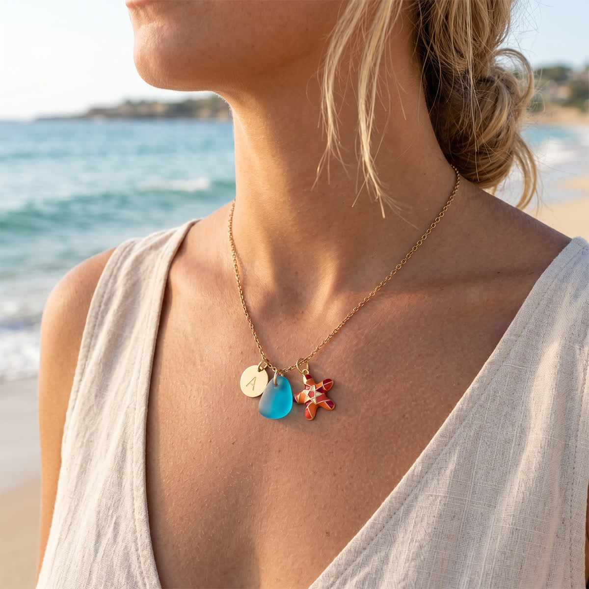 Red Enamel Starfish Initial Charm Sea Glass Necklace - image 5
