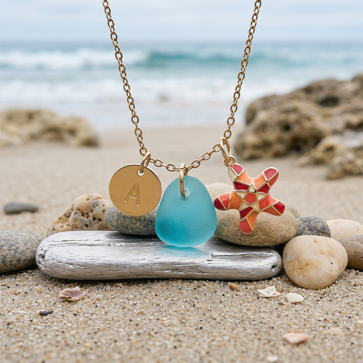 Red Enamel Starfish Initial Charm Sea Glass Necklace - Aqua - Silver - Z - image 0