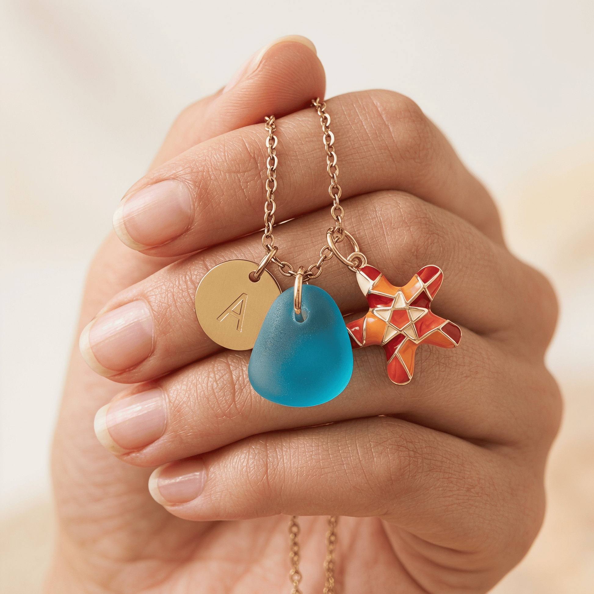 Red Enamel Starfish Initial Charm Sea Glass Necklace - image 4