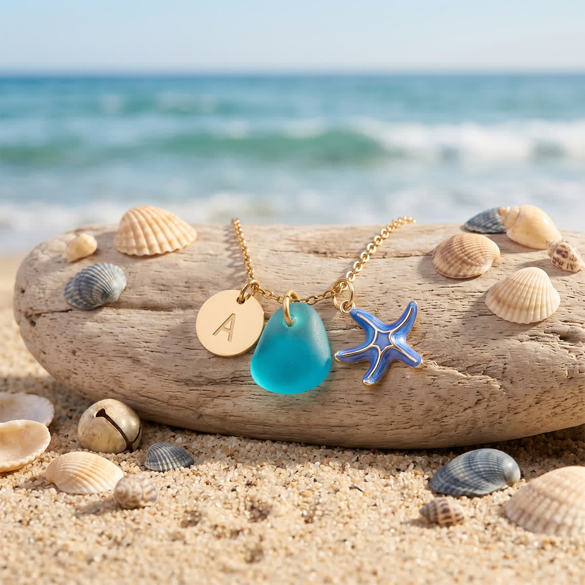 Blue Enamel Starfish Initial Charm Sea Glass Necklace - image 4