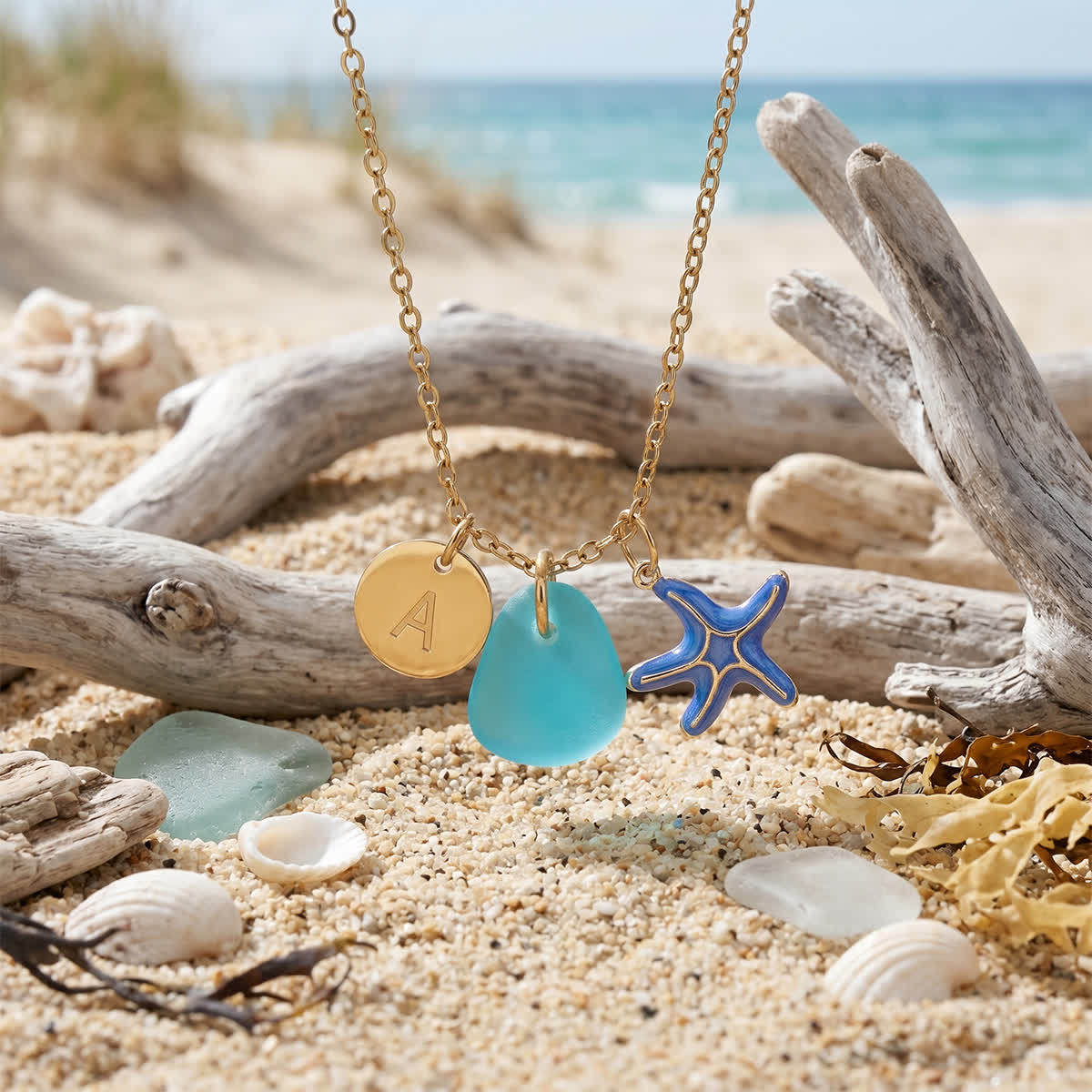 Blue Enamel Starfish Initial Charm Sea Glass Necklace - Aqua - Silver - Z - image 0