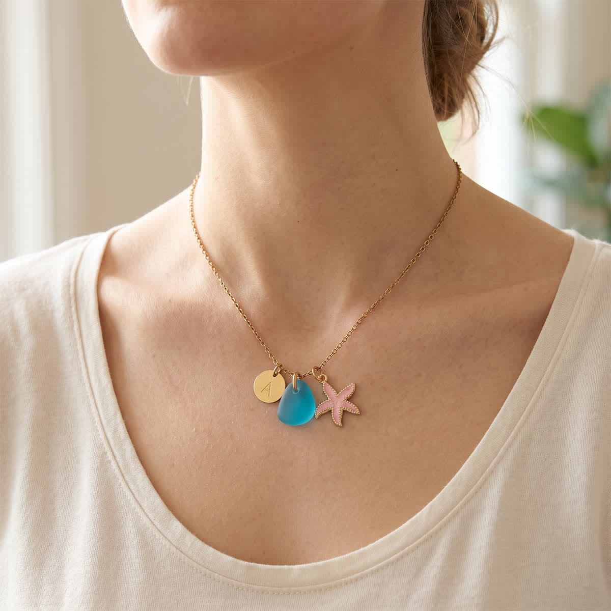 Pink Enamel Starfish Initial Charm Sea Glass Necklace - image 1