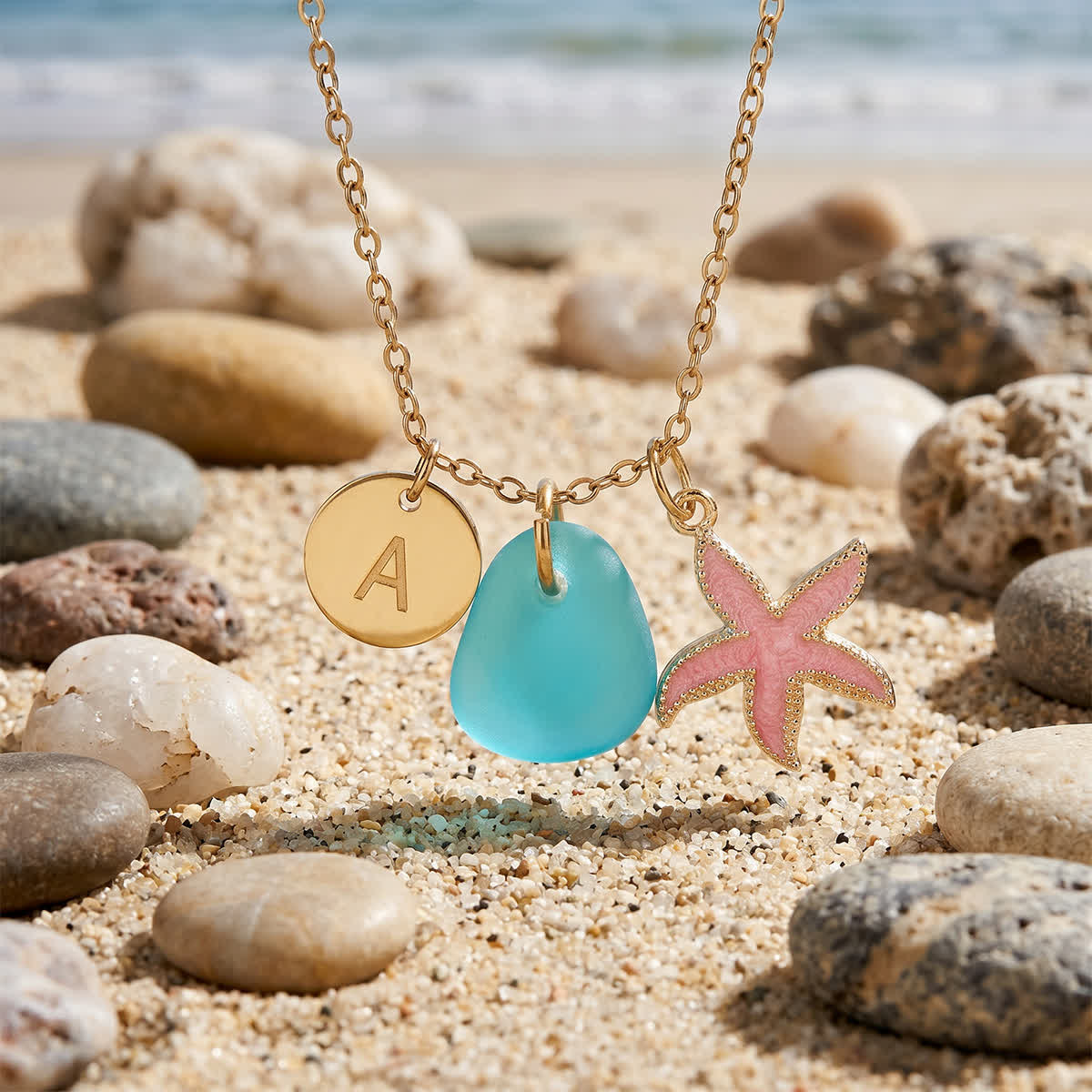 Pink Enamel Starfish Initial Charm Sea Glass Necklace - Aqua - Silver - Z - image 0