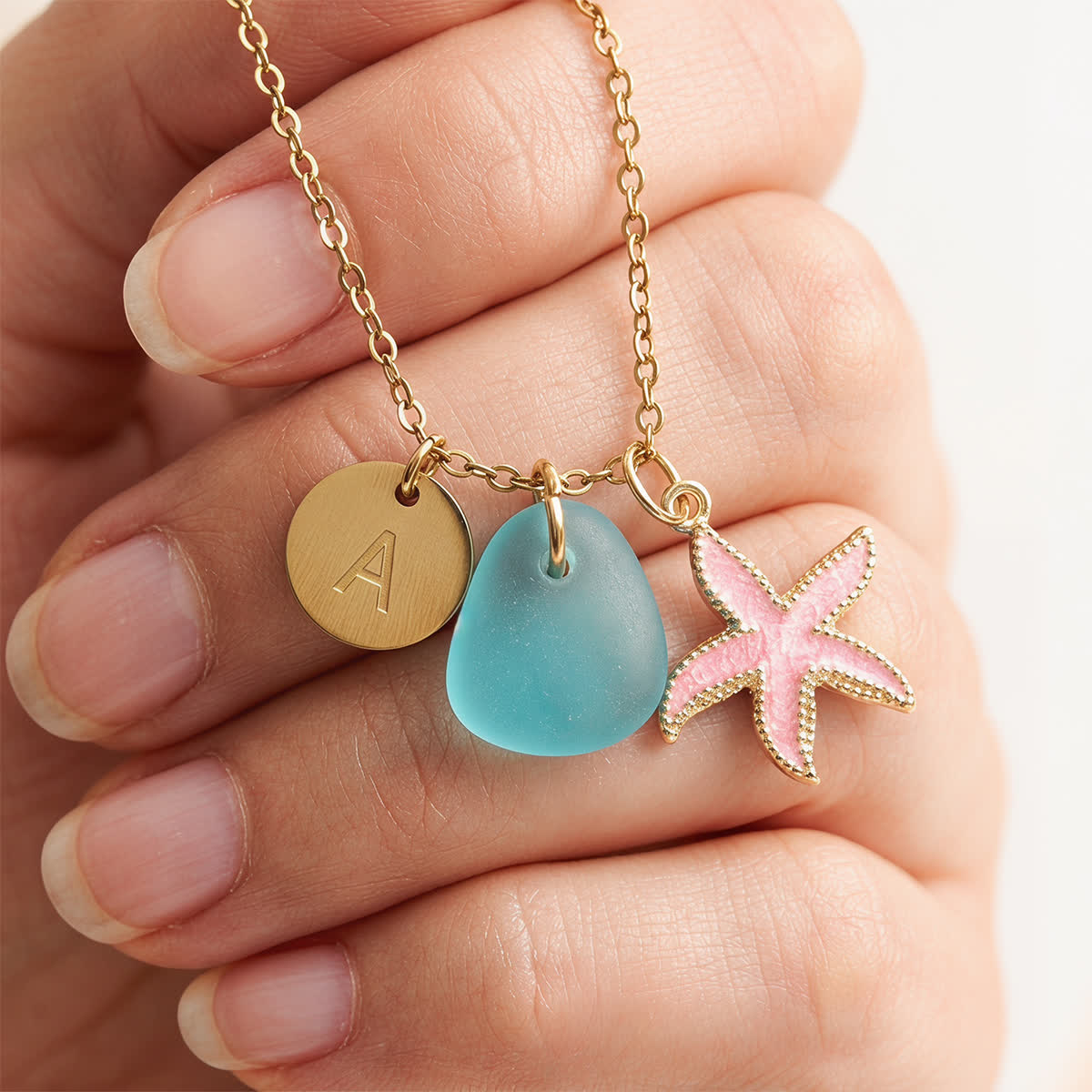 Pink Enamel Starfish Initial Charm Sea Glass Necklace - image 3