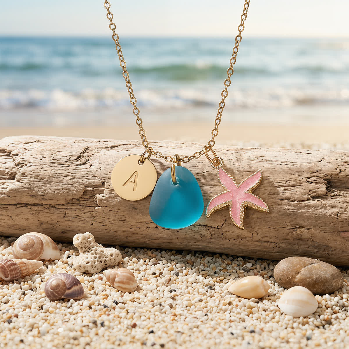 Pink Enamel Starfish Initial Charm Sea Glass Necklace - image 5