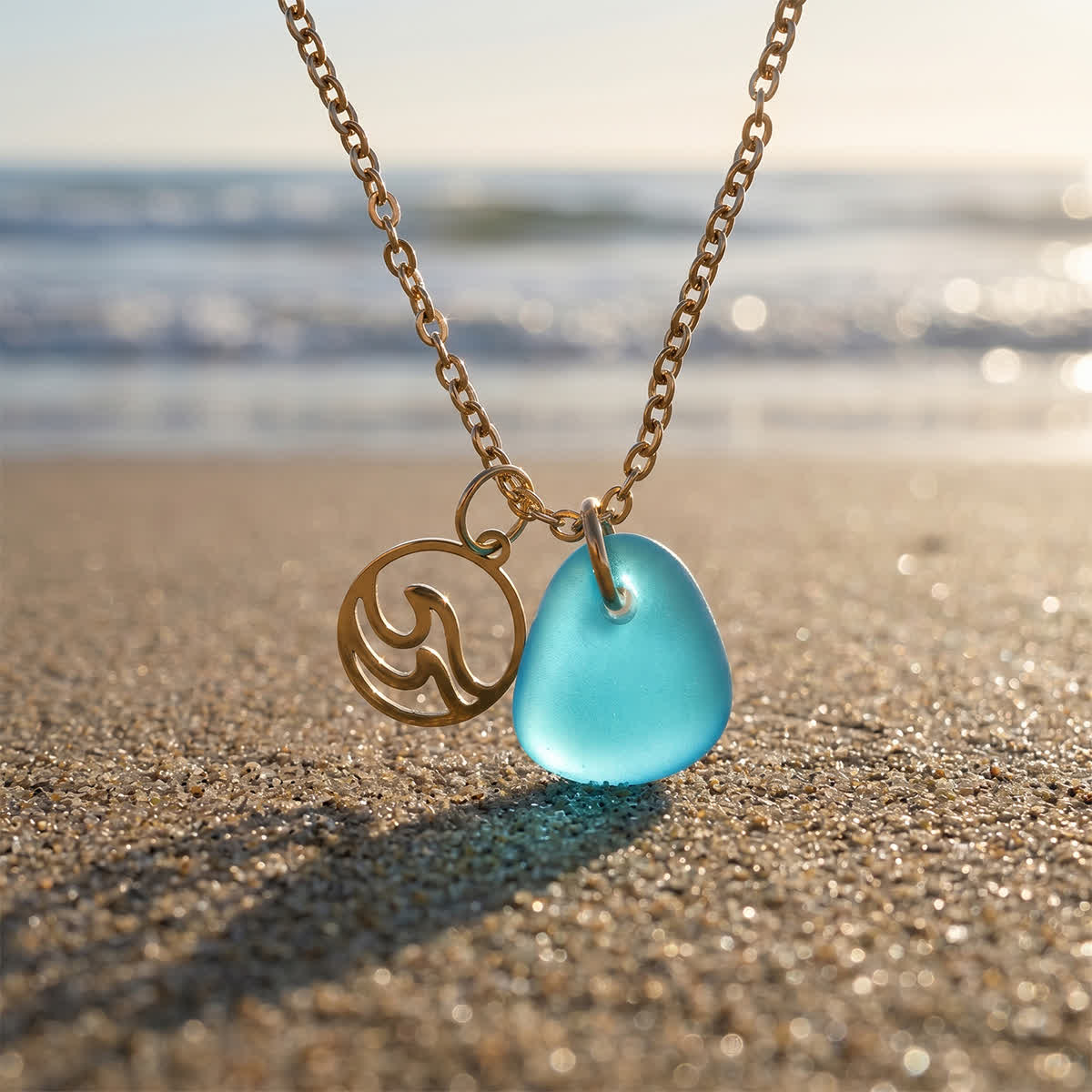 Minimalist Wave & Water Sea Glass Necklace - Aqua - Gold - image 0