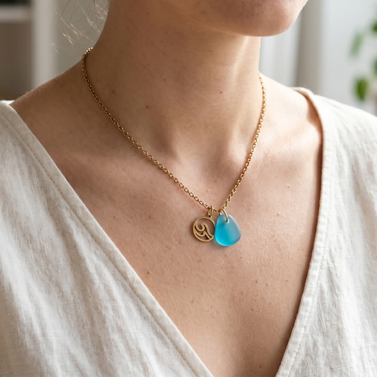 Minimalist Wave & Water Sea Glass Necklace - image 1