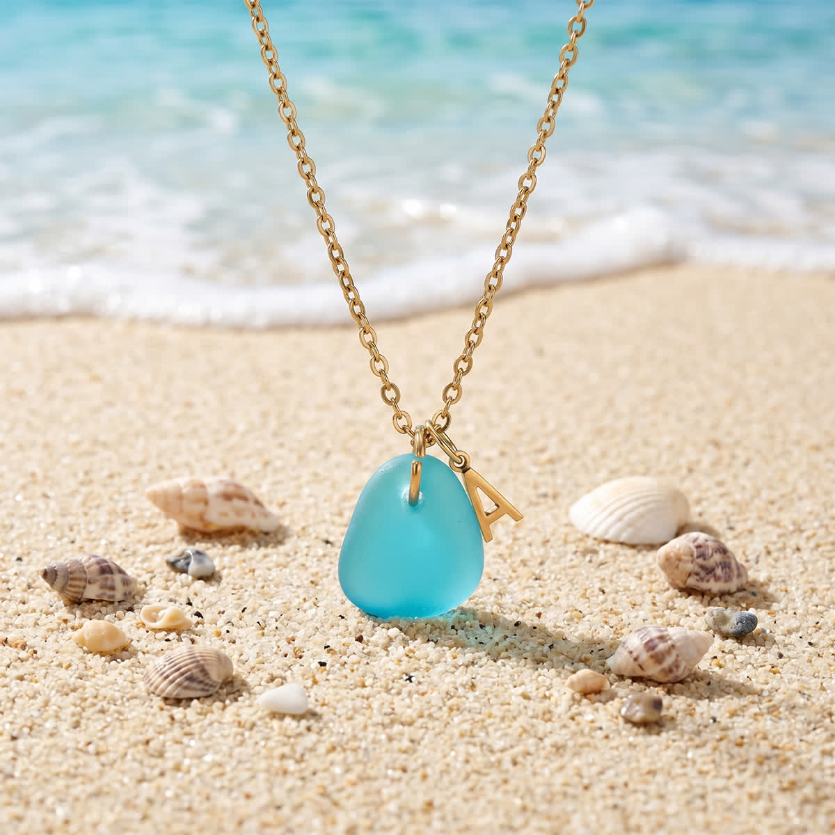 Ocean-Inspired Beachside Initial Letter Sea Glass Necklace - Aqua - Silver - Z - image 0