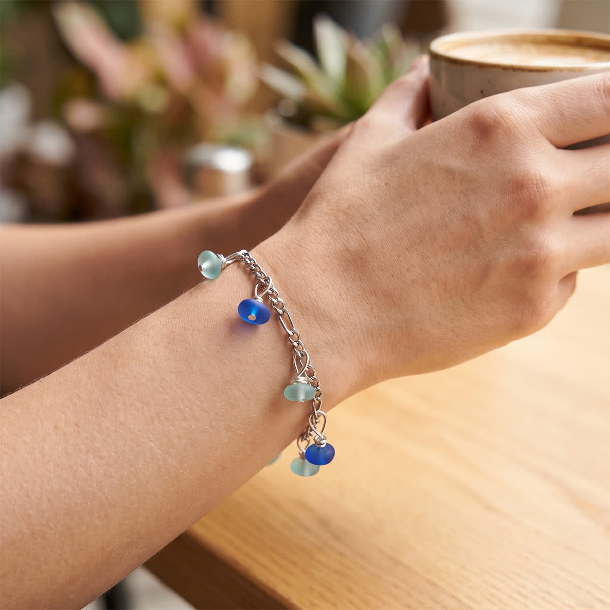 Tropical Sea Foam & Dark Blue Sea Glass Dangle Bracelet - image 5
