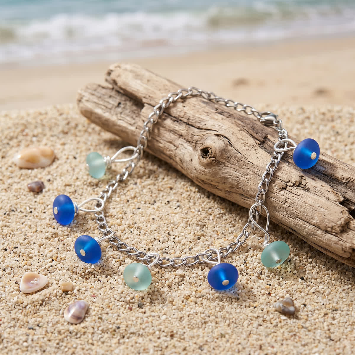 Tropical Sea Foam & Dark Blue Sea Glass Dangle Bracelet - Sea Foam & Dark Blue - image 0