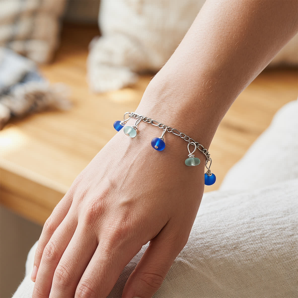 Tropical Sea Foam & Dark Blue Sea Glass Dangle Bracelet - image 1
