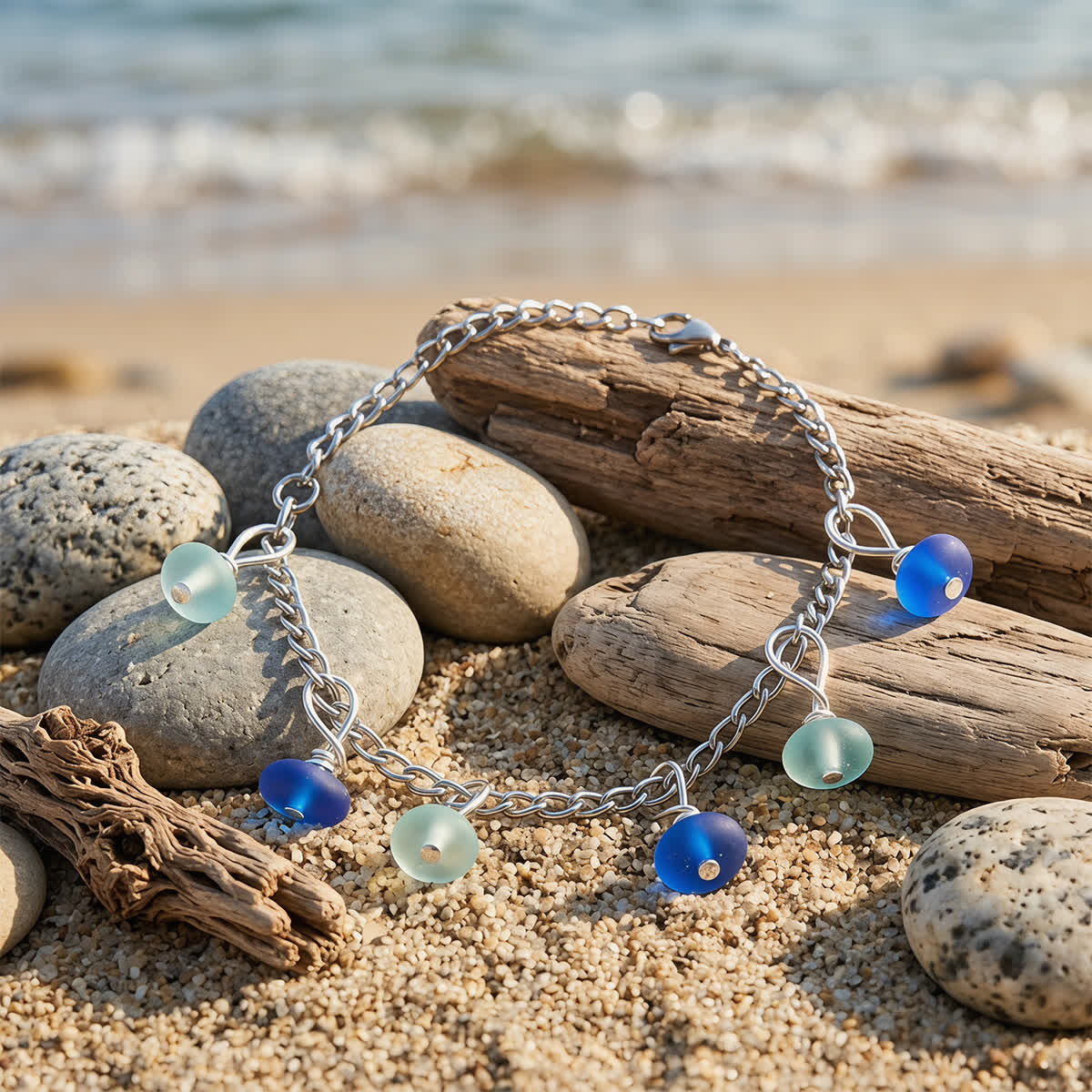 Tropical Sea Foam & Dark Blue Sea Glass Dangle Bracelet - image 3